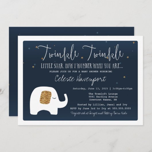 Twinkle Little Star Olifant Baby shower Invite Kaart (Voorkant / Achterkant)