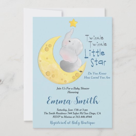 Twinkle Little Star Olifant Baby Shower Kaart (Voorkant)