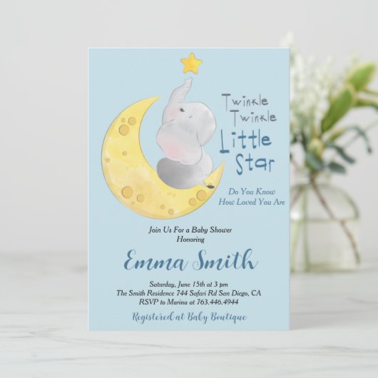 Twinkle Little Star Olifant Baby Shower Kaart (Staand voorkant)