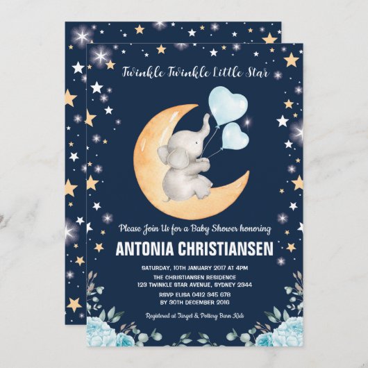 Twinkle Little Star Olifant Maan Baby Shower Jonge Kaart (Voorkant / Achterkant)