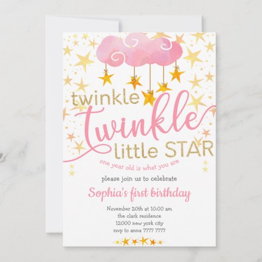 Twinkle Little Star ONE year Baby Girl Birthday Kaart (Voorkant)