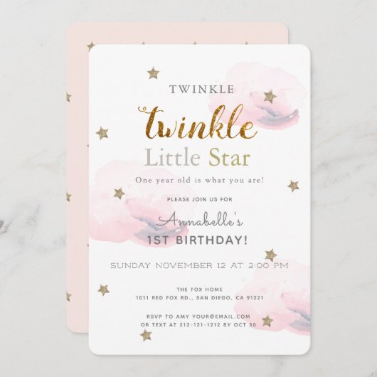 Twinkle Little Star Pink 1st Birthday Uitnodiging (Voorkant / Achterkant)
