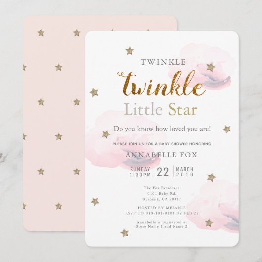 Twinkle Little Star Pink Baby shower Invitation Kaart (Voorkant / Achterkant)