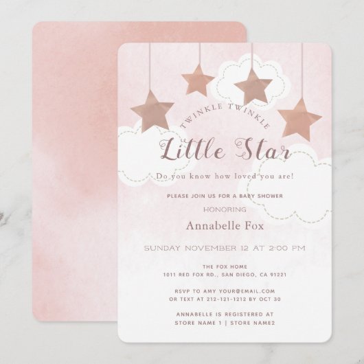 Twinkle Little Star Pink Baby shower Invitation Kaart (Voorkant / Achterkant)