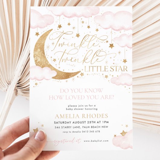 Twinkle Little Star Pink Baby shower Invitation Kaart