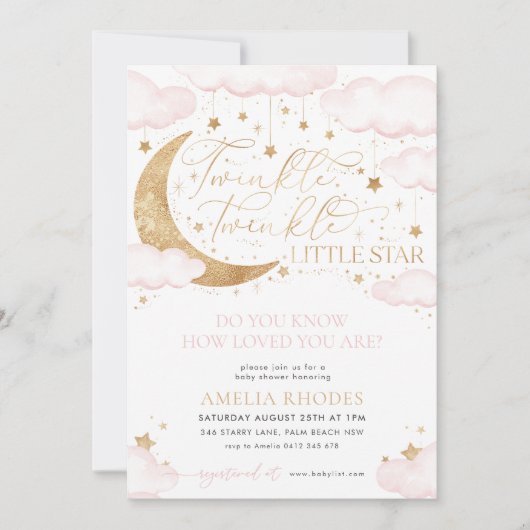 Twinkle Little Star Pink Baby shower Invitation Kaart (Voorkant)