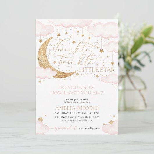 Twinkle Little Star Pink Baby shower Invitation Kaart (Staand voorkant)
