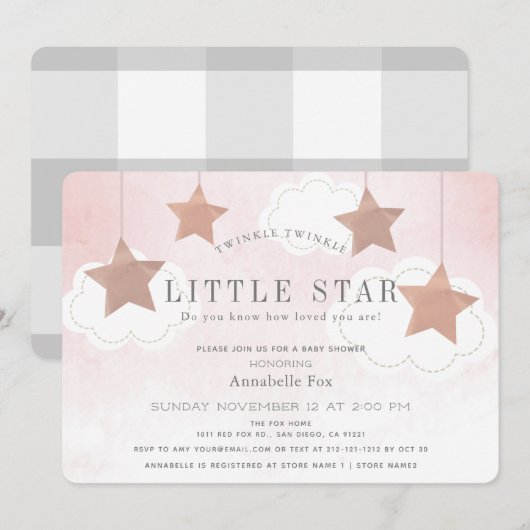 Twinkle Little Star Pink Baby shower Invitation Kaart (Voorkant / Achterkant)
