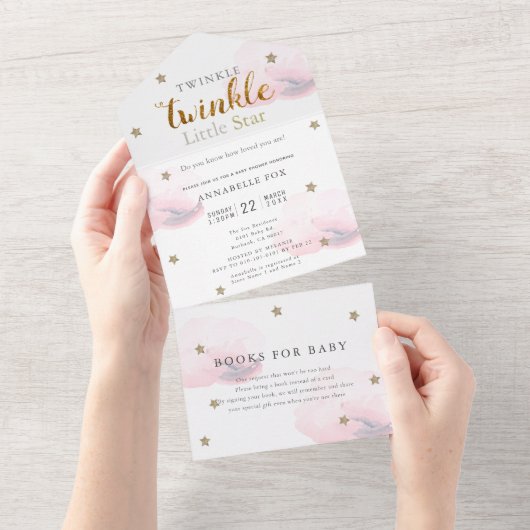 Twinkle Little Star Pink Book Baby shower All In One Uitnodiging (Afscheurbaar)