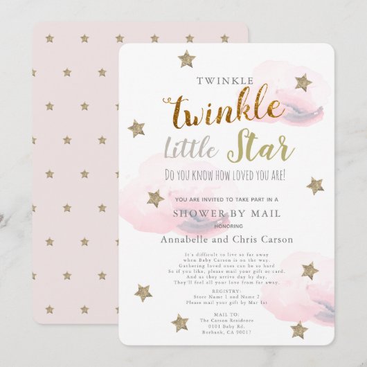 Twinkle Little Star Pink Cloud Baby shower per pos Kaart (Voorkant / Achterkant)