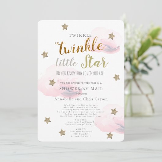 Twinkle Little Star Pink Cloud Baby shower per pos Kaart (Staand voorkant)