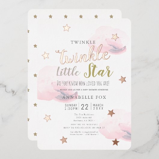 Twinkle Little Star Pink Clouds-Baby shower Folie Uitnodiging (Voorkant / Achterkant)