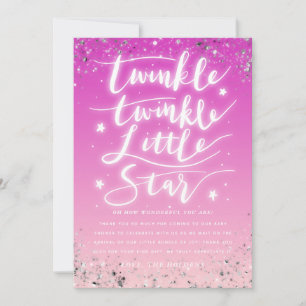 Twinkle Little Star Pink en Silver Baby shower Bedankkaart