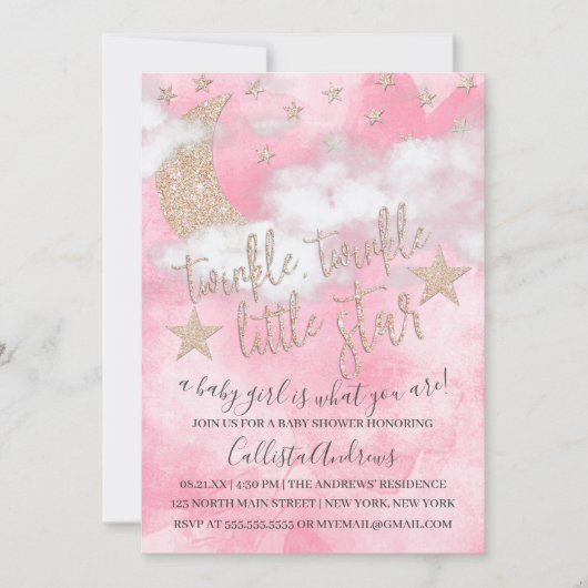 Twinkle Little Star Pink Glitter Girl Baby shower Kaart (Voorkant)