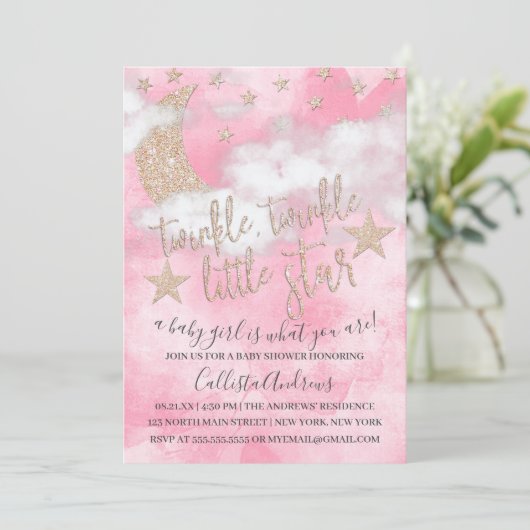 Twinkle Little Star Pink Glitter Girl Baby shower Kaart (Staand voorkant)