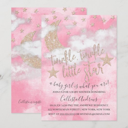 Twinkle Little Star Pink Glitter Girl Baby shower Kaart (Voorkant / Achterkant)