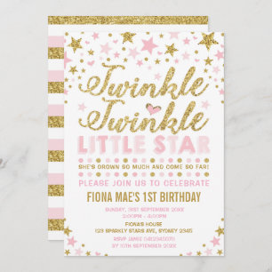 Twinkle Little Star Pink & Gold Birthday Invite Kaart
