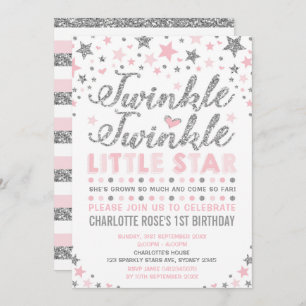 Twinkle Little Star Pink Silver Birthday Invite Kaart