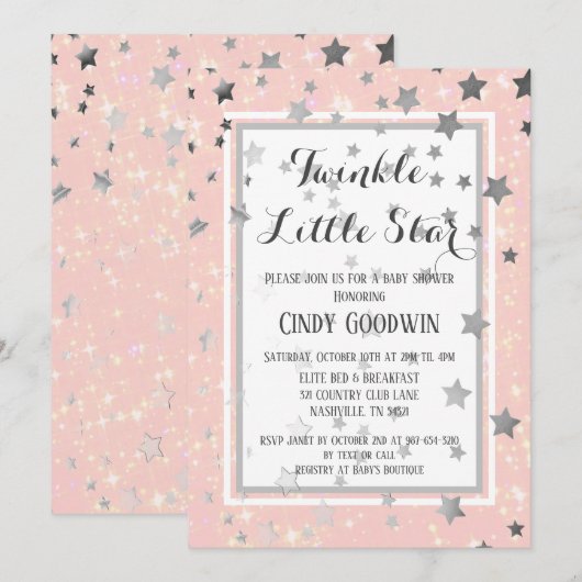 Twinkle Little Star Pink Silver Stars Baby shower Kaart (Voorkant / Achterkant)