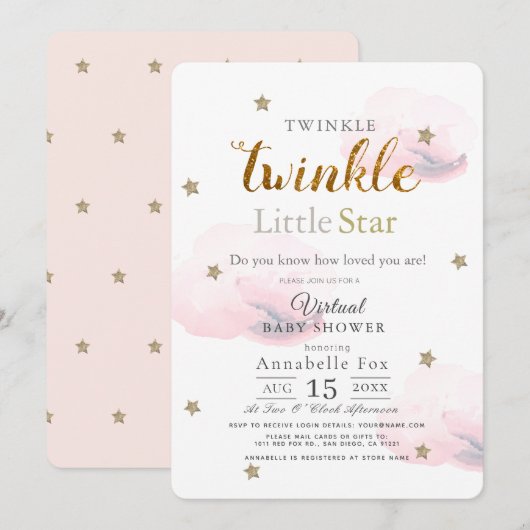 Twinkle Little Star Pink Virtual Baby shower Kaart (Voorkant / Achterkant)