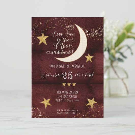 Twinkle Little Star Red Burgundy Moon Baby shower Kaart (Staand voorkant)