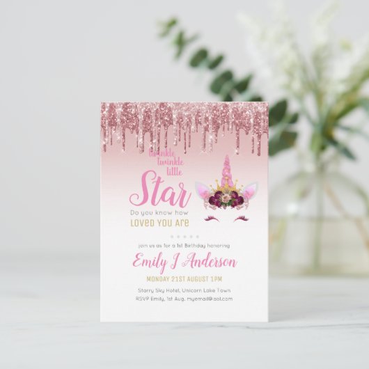 Twinkle Little Star Roze Goud Roze Eenhoorn Glitte Briefkaart (Staand voorkant)
