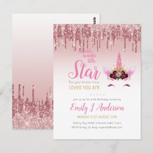 Twinkle Little Star Roze Goud Roze Eenhoorn Glitte Briefkaart (Voorkant / Achterkant)