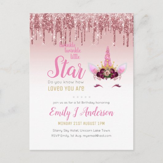 Twinkle Little Star Roze Goud Roze Eenhoorn Glitte Briefkaart (Voorkant)