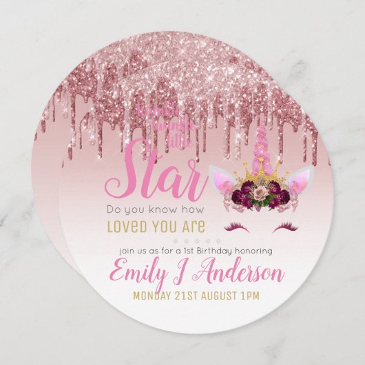 Twinkle Little Star Roze Goud Roze Eenhoorn Glitte Kaart (Voorkant / Achterkant)