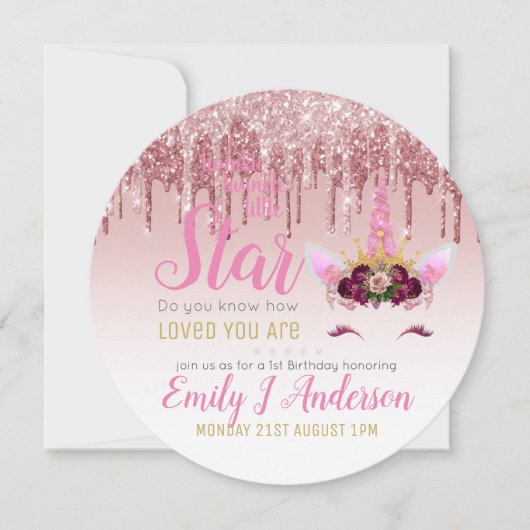 Twinkle Little Star Roze Goud Roze Eenhoorn Glitte Kaart (Voorkant)