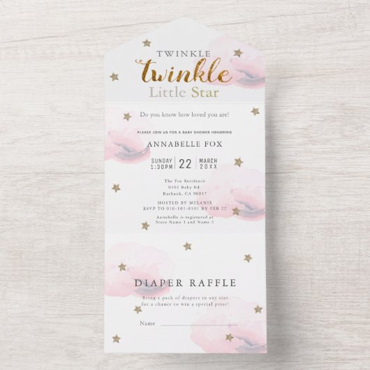 Twinkle Little Star Roze Luier Baby shower All In One Uitnodiging (Binnen)