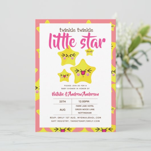 Twinkle Little Star Shower Roze Geel Modern Mooie Kaart (Staand voorkant)