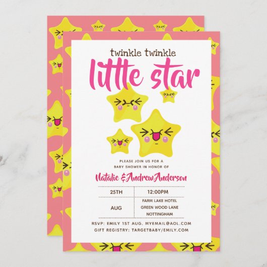 Twinkle Little Star Shower Roze Geel Modern Mooie Kaart (Voorkant / Achterkant)