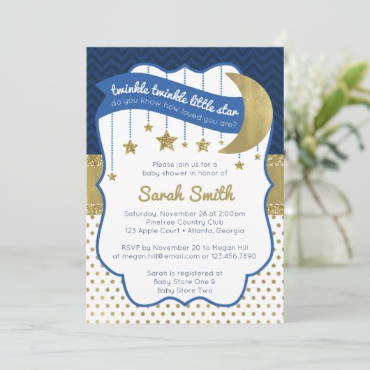 Twinkle Little Star Shower Uitnodigen, Faux Glitte Kaart (Staand voorkant)