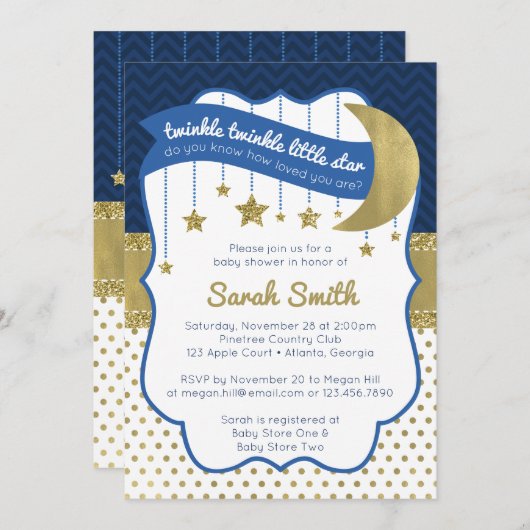 Twinkle Little Star Shower Uitnodigen, Faux Glitte Kaart (Voorkant / Achterkant)