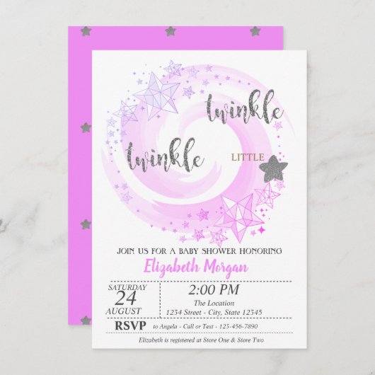 Twinkle Little Star Silver Glitter Baby shower Kaart (Voorkant / Achterkant)