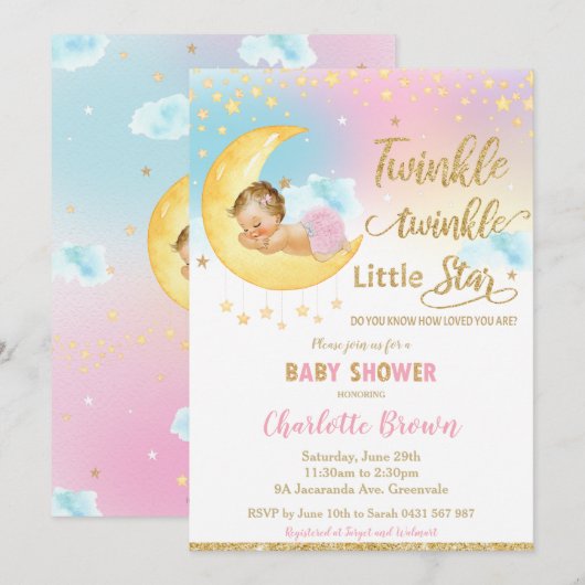 Twinkle Little Star Sleeping Baby shower Girl Inv Kaart (Voorkant / Achterkant)