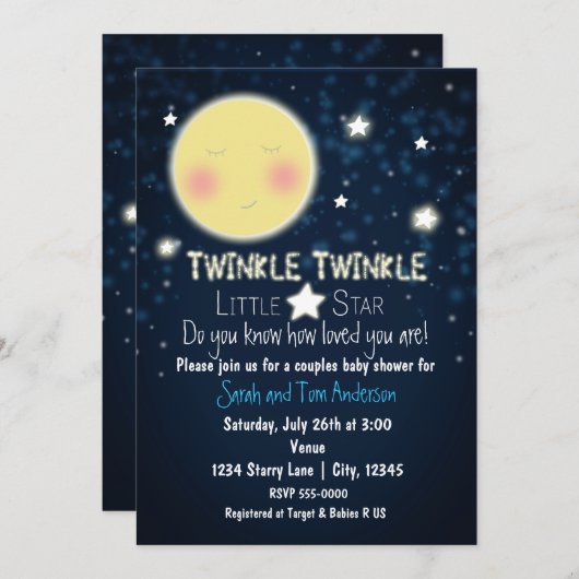 TWINKLE Little Star Sparkle Baby shower Invitation Kaart (Voorkant / Achterkant)
