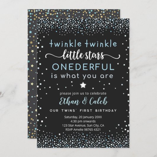 Twinkle Little Star Twin Eerste Verjaardag uitnodi Kaart (Voorkant / Achterkant)