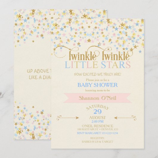 Twinkle Little Star Twins Baby shower roze & blauw Kaart (Voorkant / Achterkant)