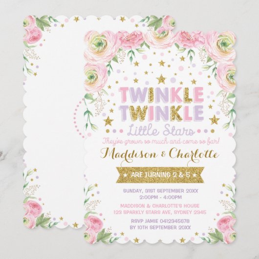 Twinkle Little Star Twins Sisters Birthday Invite Kaart (Voorkant / Achterkant)