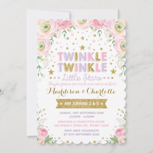 Twinkle Little Star Twins Sisters Birthday Invite Kaart (Voorkant)