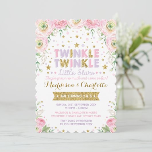 Twinkle Little Star Twins Sisters Birthday Invite Kaart (Staand voorkant)