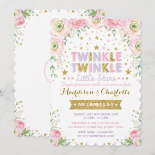 Twinkle Little Star Twins Sisters Birthday Invite Kaart