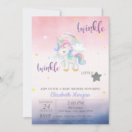 Twinkle Little Star Unicorn Baby shower Kaart (Voorkant)