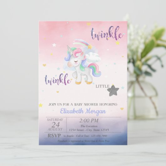 Twinkle Little Star Unicorn Baby shower Kaart (Staand voorkant)