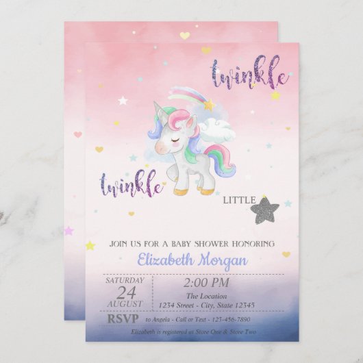 Twinkle Little Star Unicorn Baby shower Kaart (Voorkant / Achterkant)