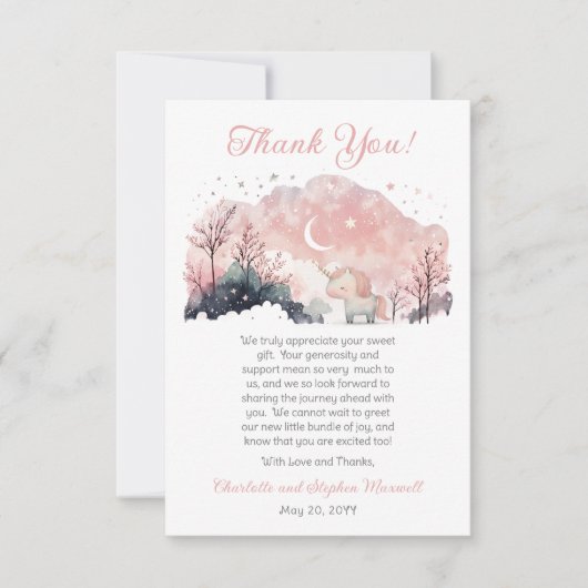 Twinkle Little Star Unicorn Pink Girl Baby shower Bedankkaart (Voorkant)