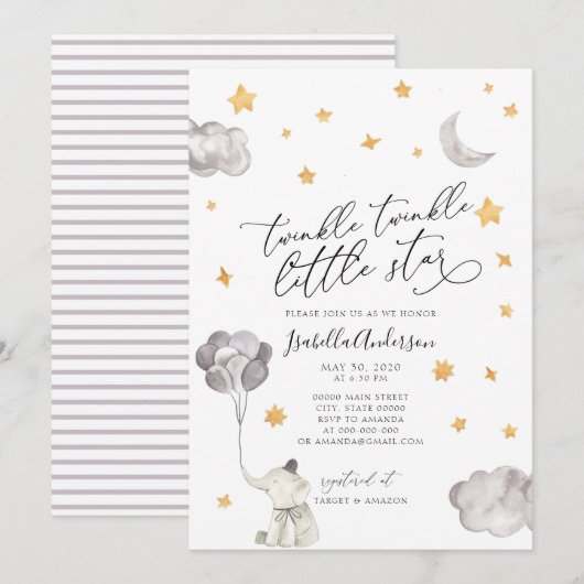 Twinkle Little Star Yellow Elephant Baby shower Kaart (Voorkant / Achterkant)