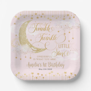 Twinkle Little Stars Moon Pink One 1st Birthday Papieren Bordje